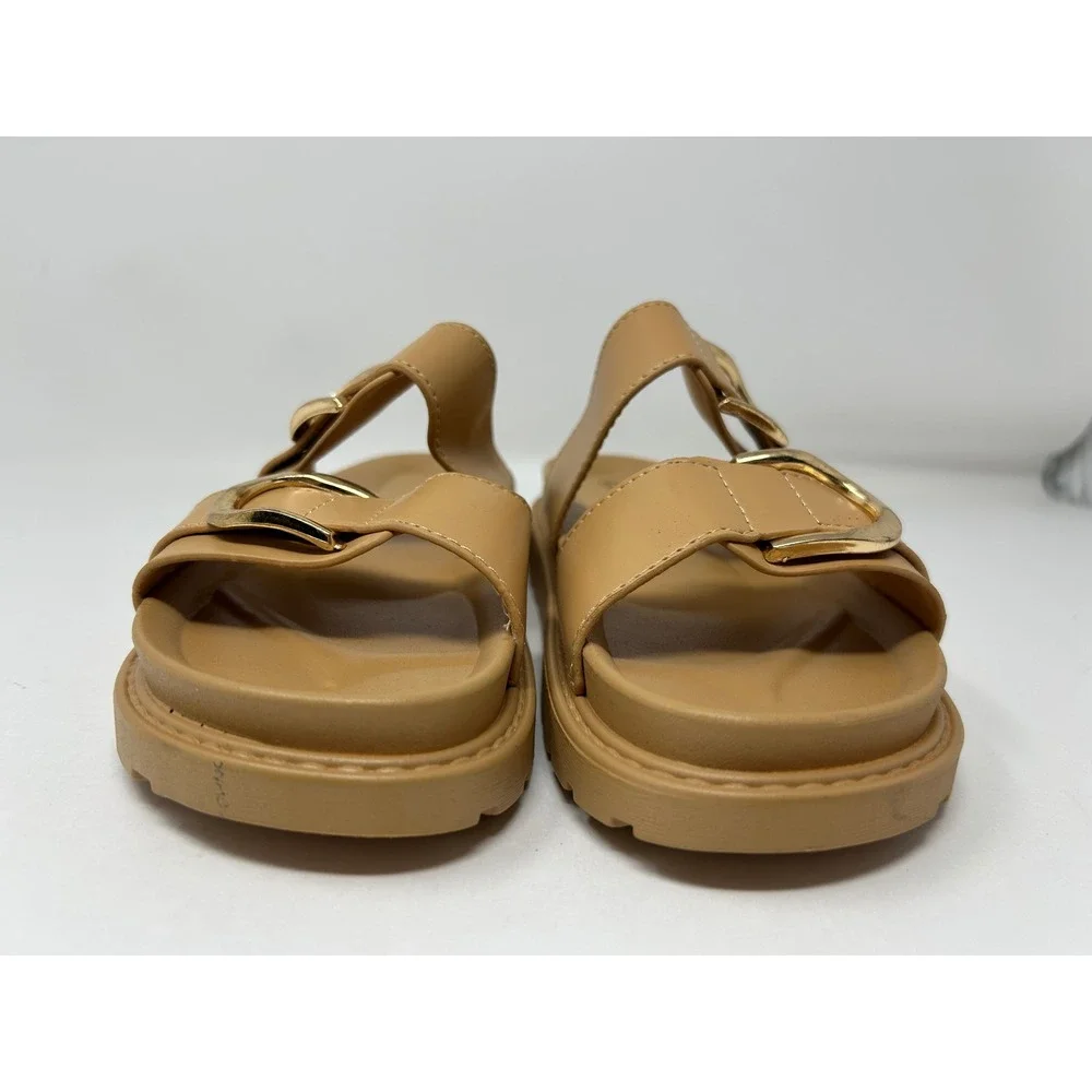 Wild Diva Lounge Tan Platform Slide Sandals Gold Buckle Double Strap Womens 6